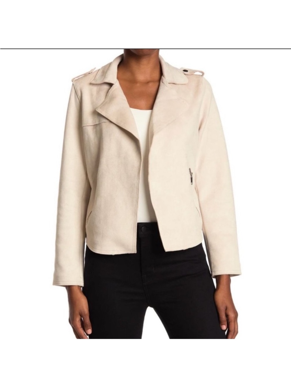 Tahari Light Cream Bomber-Style Moto Jacket